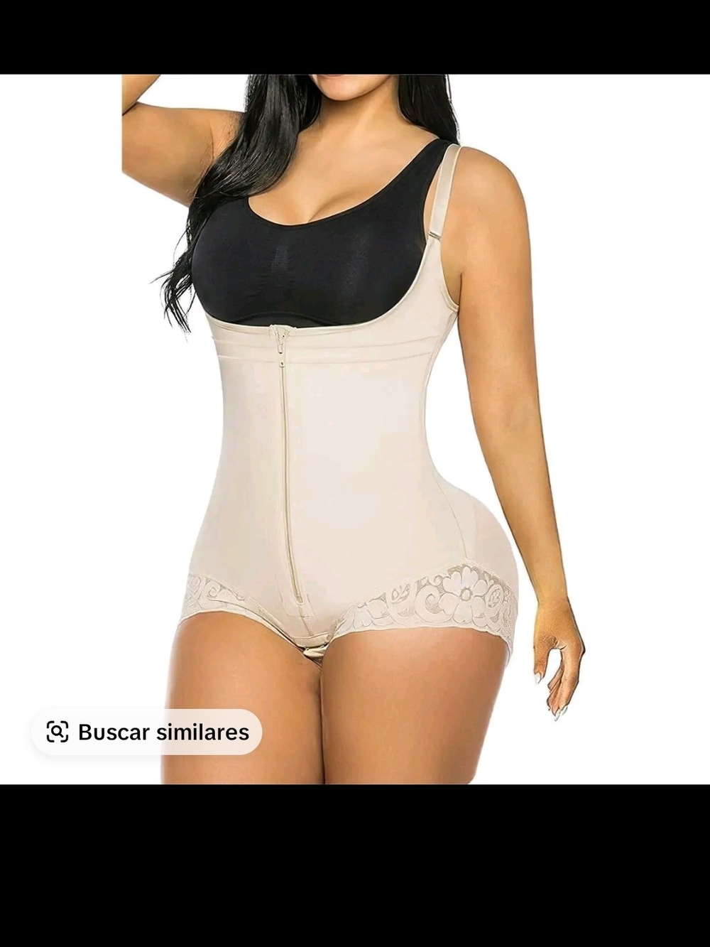 High-Waist Beige Shapewear Bodysuit with Lace Trim